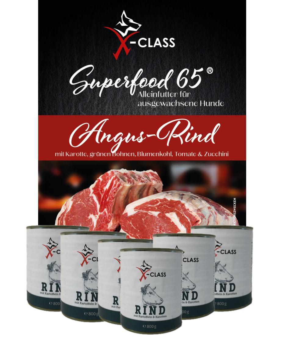 Sparangebot Rind: 6 X 800g Dose Rind mit Kartoffel und 12kg Superfood 65 Angus Rind Adult