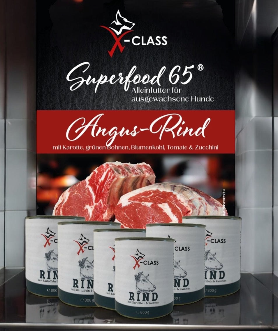 Sparangebot Rind: 6 X 800g Dose Rind mit Kartoffel und 12kg Superfood 65 Angus Rind Adult