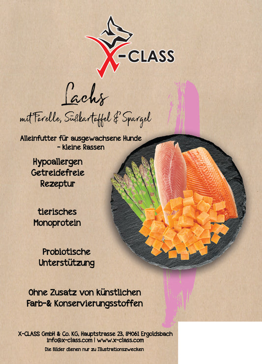 Getreidefrei Lachs mit Forelle, Süßkartoffel und Spargel für ausgewachsene kleine Hunde